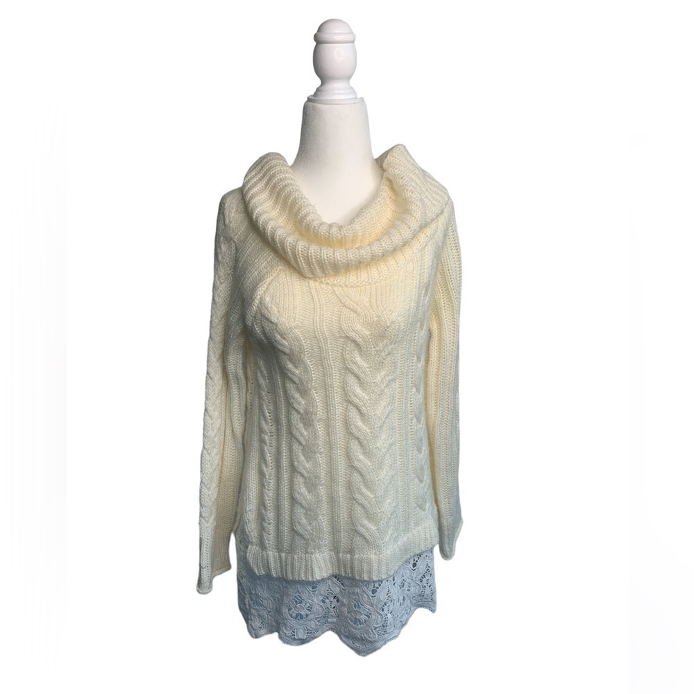 Knox Rose Lace Cable Knit Cream Cowl Neck Long Sleeve Sweater sz S